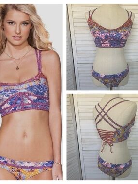 Maaji Floral Print Bikini Set in Pink and Purple with Yellow Accents